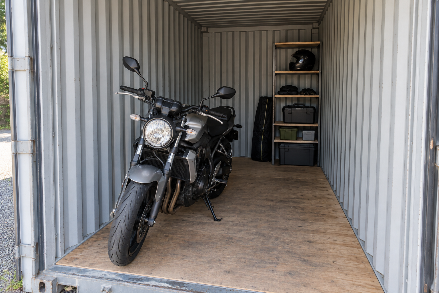 バイクとヘルメット・工具棚をまとめ、車体の横に通路を残したガレージの活用イメージ
